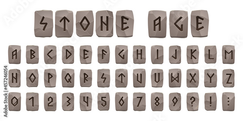 Viking runes stone age alphabet, celtic font with ancient runic signs on grey rock pieces. Abc nordic style scandinavian letters, digits and punctuation signs, futark type symbols, Cartoon vector set