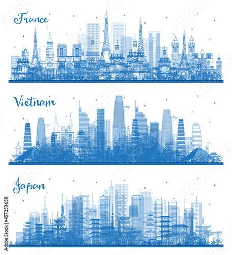 Outline Vietnam, Japan and France City Skyline Set.