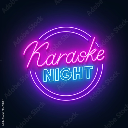 Karaoke night neon sign on dark background.