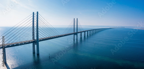 Panoramic aerial view of the Oresundsbron bridge between Denmark and Sweden.. Oresund Bridge view at sunset.