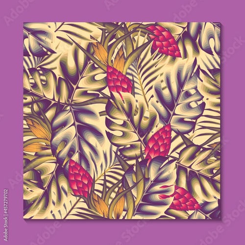 colorful and trend fashionable tropical plant seamless pattern with monstera, palm and strelitzia floral leaves on beige background. Summer design. floral background. Jungle print