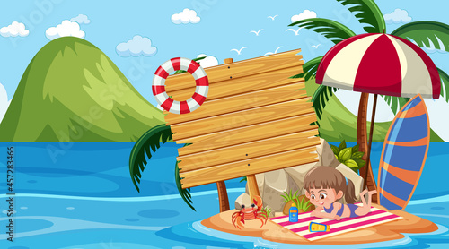 Kids on vacation at the beach daytime scene with an empty banner template
