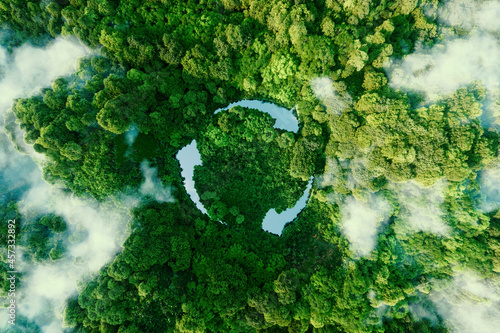 Abstract icon representing the ecological call to recycle and reuse in the form of a pond with a recycling symbol in the middle of a beautiful untouched jungle. 3d rendering.