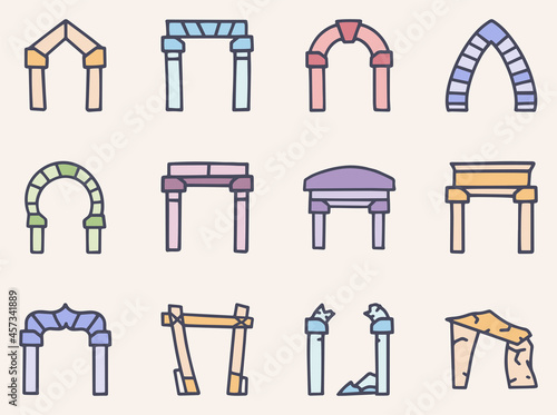 Arches color vector doodle simple icon set