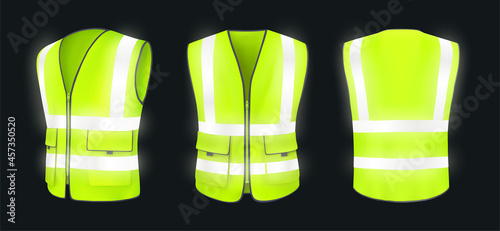 Safety vest front, back view and side at night. Yellow, light green jacket with reflective stripes. Safety vest for construction works, drivers and road workers with fluorescent protective. Realistic