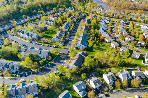 Aerial view of residential houses neighborhood complex at suburban housing development