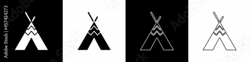 Set Traditional indian teepee or wigwam icon isolated on black and white background. Indian tent. Vector