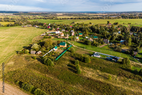 Aerial view of a small village, rural landscape. Village Fedorovskoye, Zhukovsky District, Kaluzhskiy Region, Russia