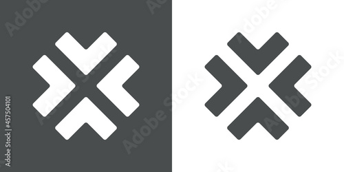 Icono plano símbolo reducir con 4 puntas de flecha en fondo gris y fondo blanco
