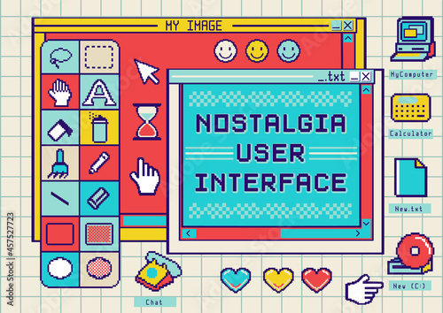 Nostalgia user interface with window box and folders. Retro desktop pc elements.Technology illustration in trendy retrowave style. Nostalgia for 80's -90's.
