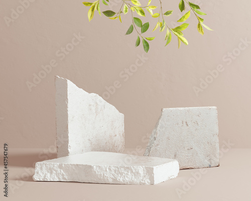 Cosmetic beauty product presentation with tree branch leaves plant and white stone slabs podium object placement 3d rendering