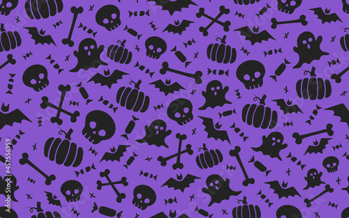 seamless halloween pattern with scull bat ghost pumpkin bone candies purple and black