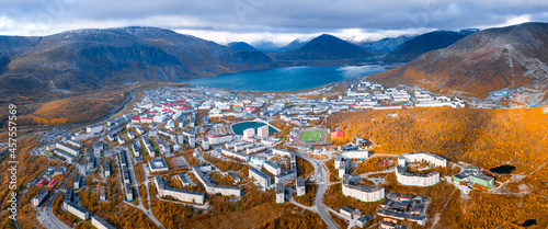 Aerial view of the town of Kirovsk surrounded by Khibiny mountains in Russia