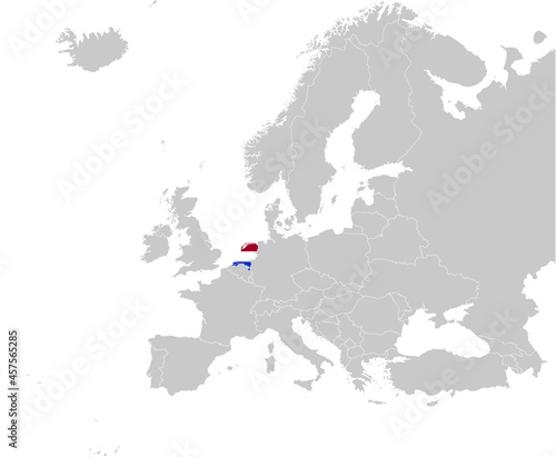 Map of Netherlands with national flag on Gray map of Europe 