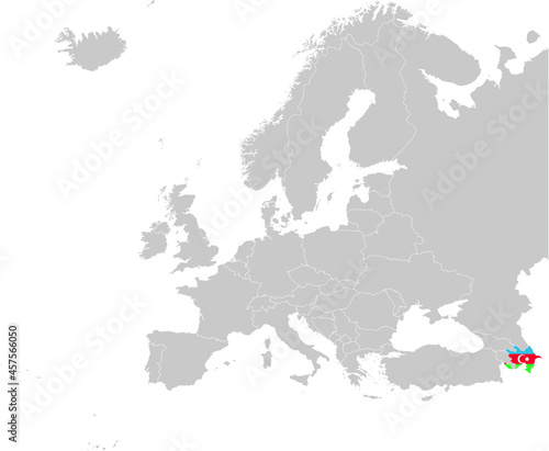 Map of Azerbaijan with national flag on Gray map of Europe 
