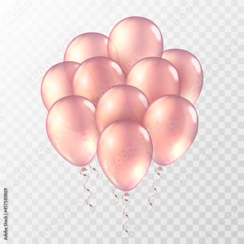 Pink balloons. Bunch of helium golden rose baloons. Gold realistic ballon vector illustration.
