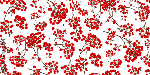 Seamless Christmas background realistic branches with holly red berries isolated on white background. Vector illustration use for design of fabric, wrapping paper, holiday cards, wrappers.