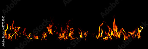 Panorama Texture of fire on a black background.Fire and Flames on dark background.