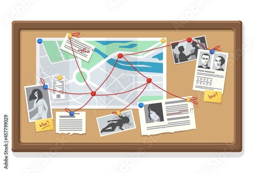 Detective board. Police evidence collection with map notes and traces. Photos of victims and suspects to blackboard. Murder investigation and research organization. Vector illustration