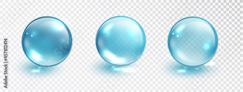 Blue bubble set isolated on transparent background. Water bubble or glass ball template. Realistic macro vector illustration