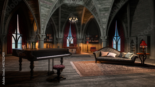 3D rendering of a gothic arched room with small grand piano and a sofa in a castle or palace interior.