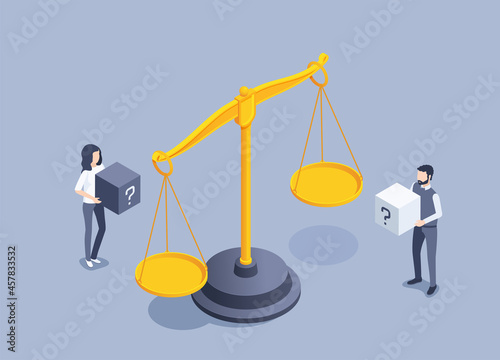 isometric vector illustration on gray background, vintage scales and a man with a woman holding cubes with a question mark, justice or equalization in rights, weight measurement