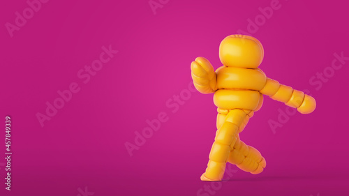 3d render, inflatable cartoon character walking or dancing active pose. Funny mascot isolated on pink background, wearing halloween costume