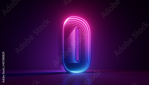 3d render, number null, digital zero symbol, pink blue gradient neon light glowing in the dark