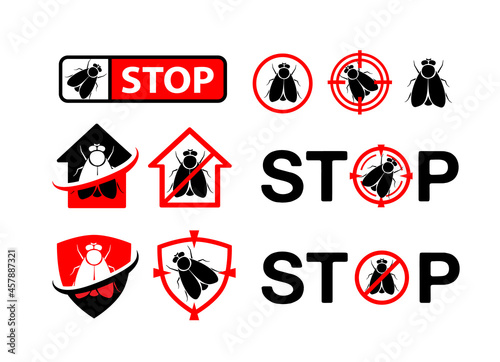 Fly emblems. Pest control badges set. Design elements, labels and stickers, danger and stop signs with fly silhouette.