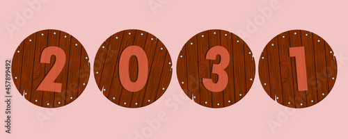 Wooden numbers.Wooden texture. Vector work. Merry Christmas and Happy New Year 2031 decorations.