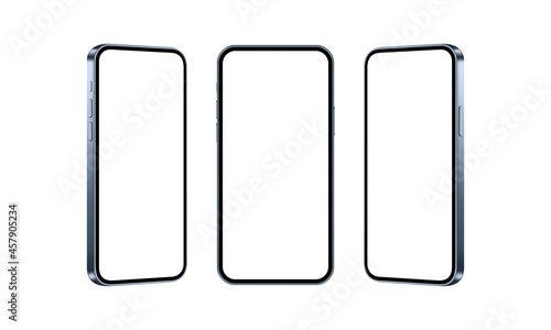 Blue Phones Mockups Isolated on White Background, Front and Side View. Vector Illustration