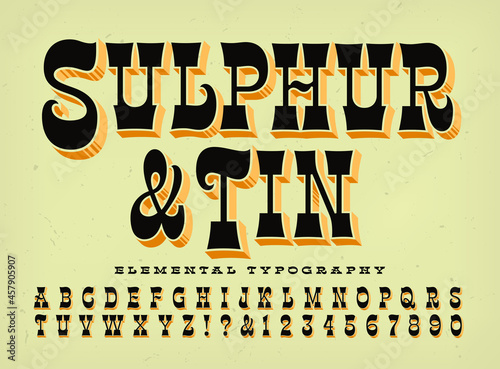 Sulphur and Tin is a condensed stylized western style alphabet with 3d depth effects; good for rodeo posters, old west, circus and carnival themes, wanted posters, etc.