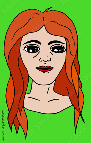 Portret ognisto włosej dzieczyny na zielonym tle.