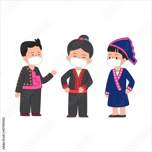 Traditional dress of Karen Hmong people living in Thailand Asia cute flat illustration wearing a mask