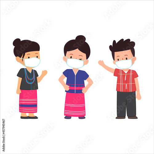 Traditional dress of Karen long neck people living in Thailand Myanmar Asia cute flat illustration wearing a mask