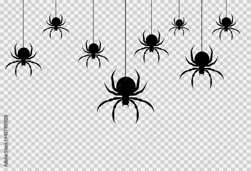 Spider hanging from spiderwebs isolated on png or transparent background, halloween banner, template for poster, brochure, advertising, promotion,sale marketing vector illustration