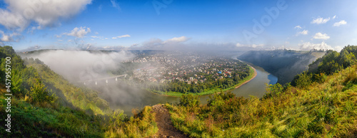 Panoramic view on Zalishchyky town and the Dniester river meander and canyon
