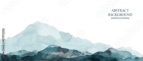 Mountains, hills abstract panorama. Blue, grey watercolor wash. Modern minimal abstract background. Landscape painting.