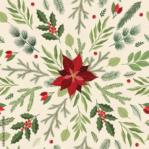 Seamless pattern with hand drawn poinsettia flowers and floral branches and berries, christmas florals.