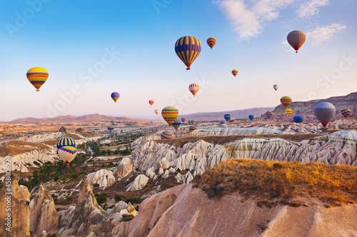 Hot air balloon flying over Cappadocia Turkey