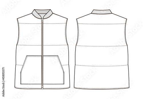 Fashion technical drawing of puffer vest with zip