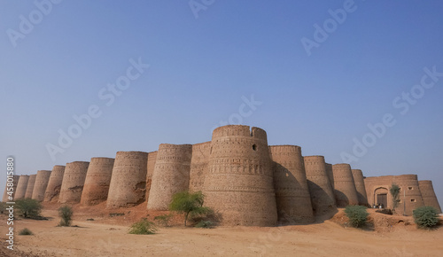 Landscape panorama view of landmark ancient Derawar fort with its forty brick bastions in the Cholistan desert, Bahawalpur, Punjab, Pakistan