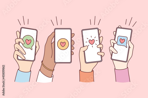 Online dating, love and mobile concept. Hands of people holding smartphones with hearts and communication chats on screens vector illustration