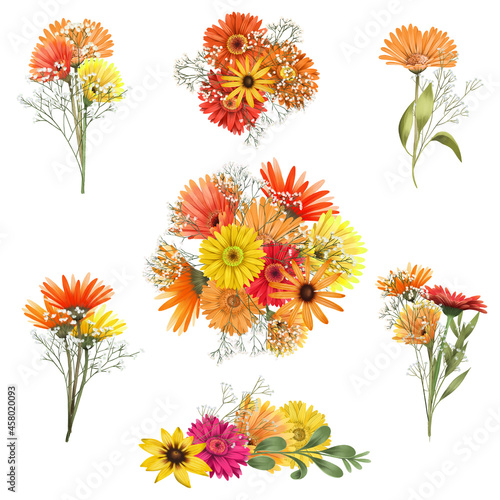 Autumn floral bouquets of asters, gerber flowers and gypsophila branches set, isolated flower arrangements on white background