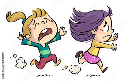 Illustration of little girls running scared