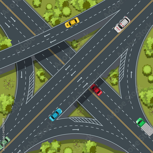 Aerial top view highway junction, cross roads, interchange and expressway is an important infrastructure, vector illustration