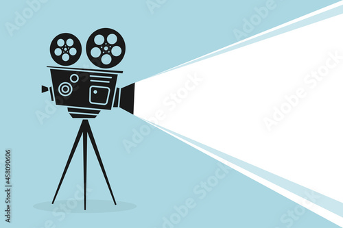 Detailed silhouette of vintage cinema projector or camcorder on a tripod. Cinema background. Old film projector with place for your text. Movie festival template for banner, flyer, poster or tickets.