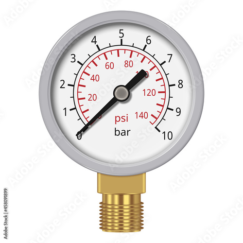 Realistic pressure gauge with brass fitting isolated on white background. Pressure measurement tool. Vector illustration.