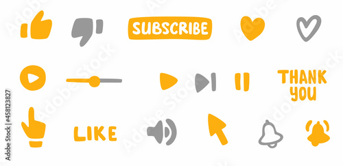 Subscription, call button and hand cursor. Yellow button subscribe to a channel, blog, Like button, thank you, volume icon, call. Background in social networks. Marketing.