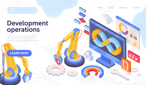 Development operations with special equipment on white background. Process of software production and administration. Website, web page, landing page template. Isometric cartoon vector illustration